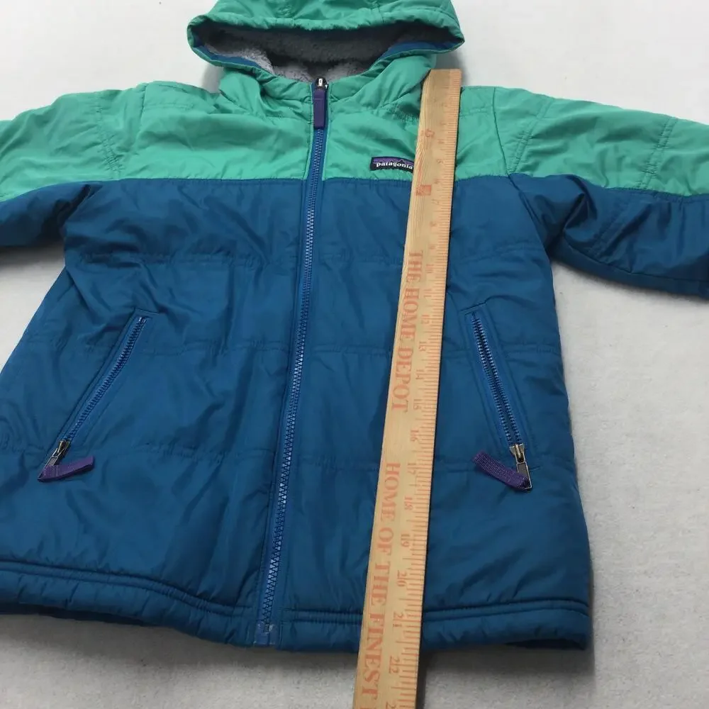 Patagonia Jacket Youth 10 Green Blue Hooded Fleece Lined Puffer Winter Insulated